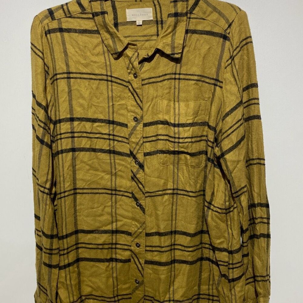 Melloday Womens Mustard Yellow Black Plaid Button Down Shirt Long Sleeve Large